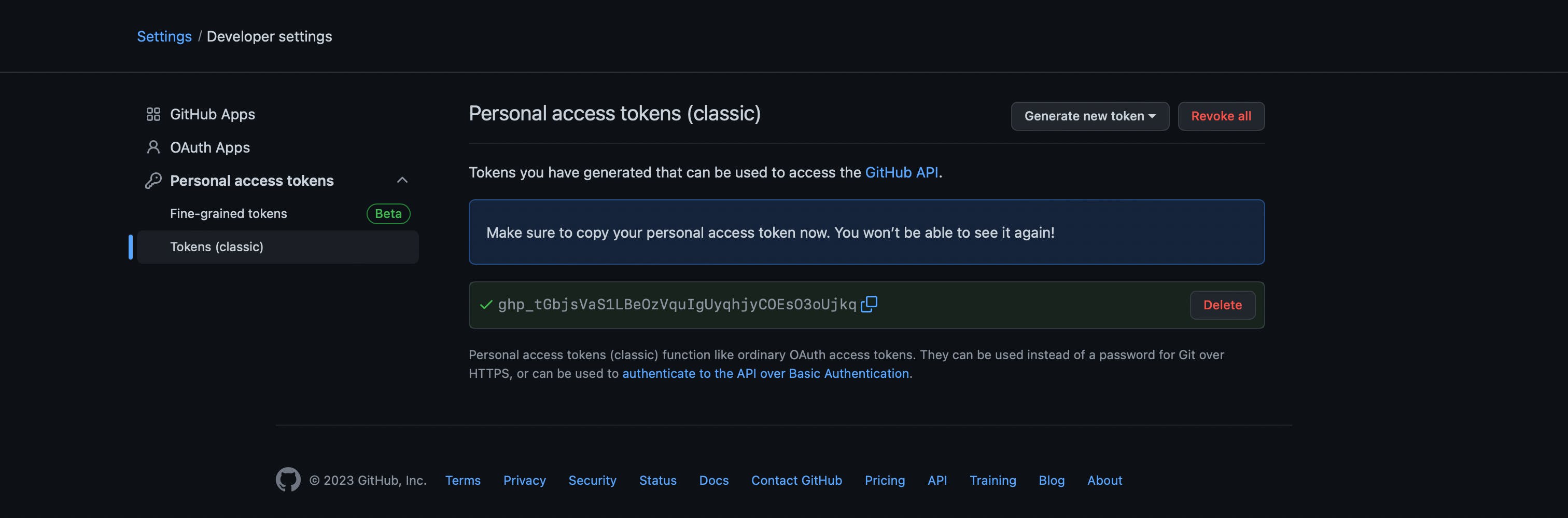 GitHub personal access token created
