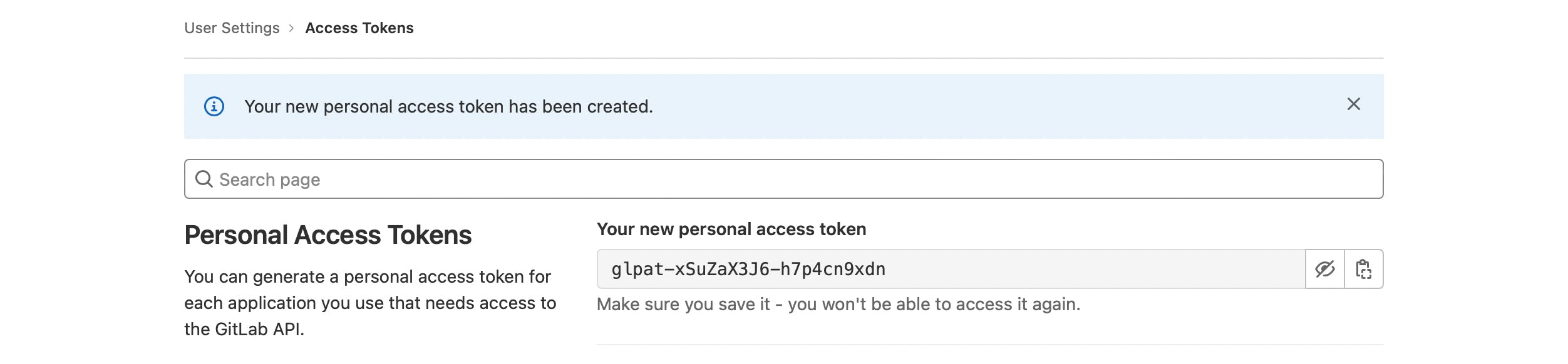 GitLab personal access token created