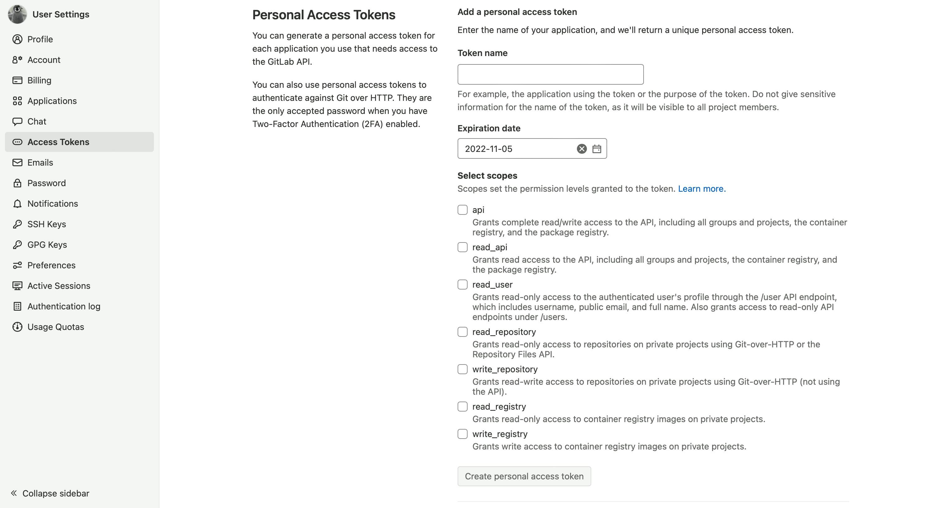 GitLab personal access token page