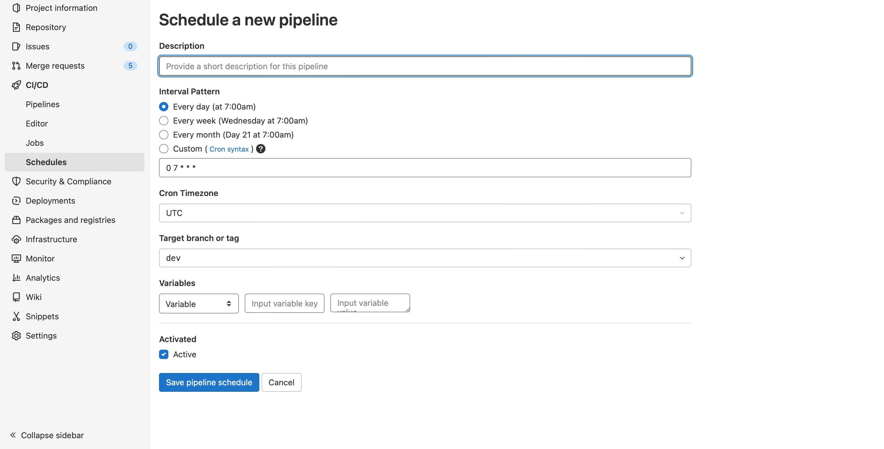 Schedule pipeline page